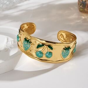 Gold-Tone Fruit Motif Cuff Bracelet with Teal Enamel Accents